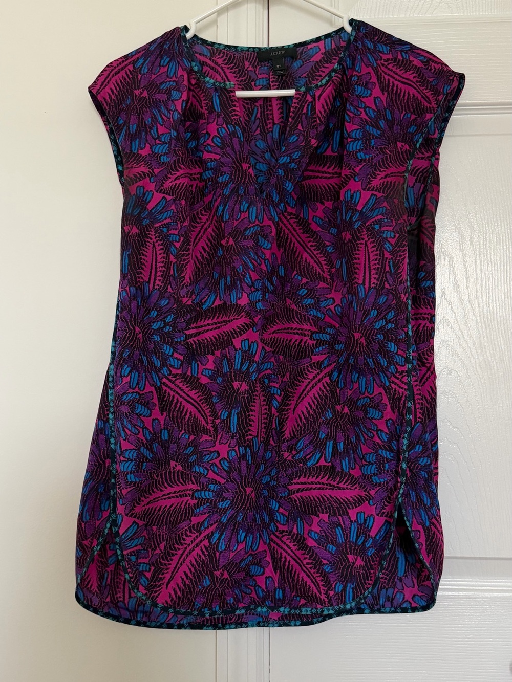 Women's Floral Print Cap Sleeve Top - Magenta Blue pure silk